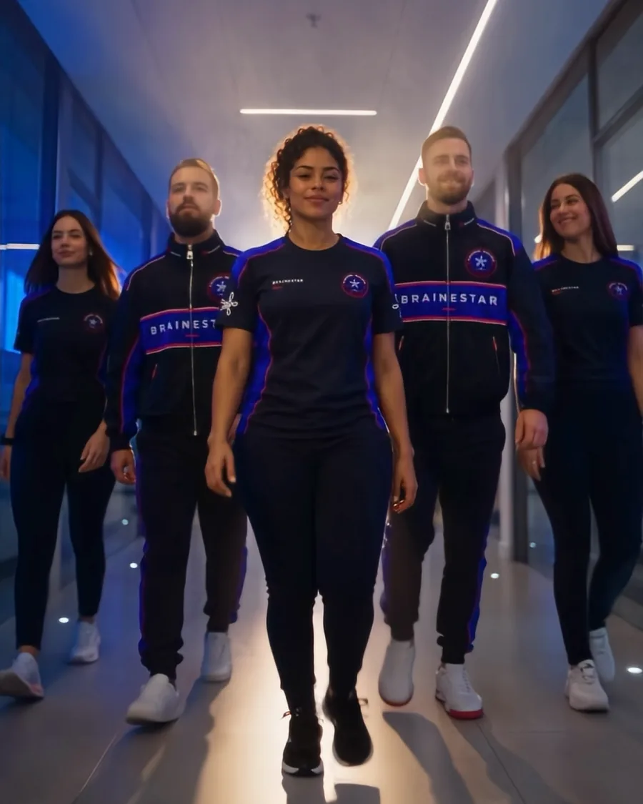 Time de personal brainners de uniforme andando no corredor