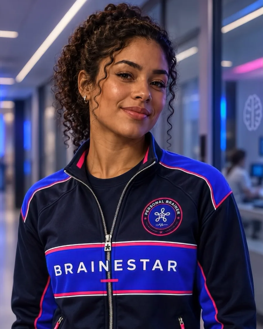 Personal brainner de jaqueta do uniforme, sorrindo